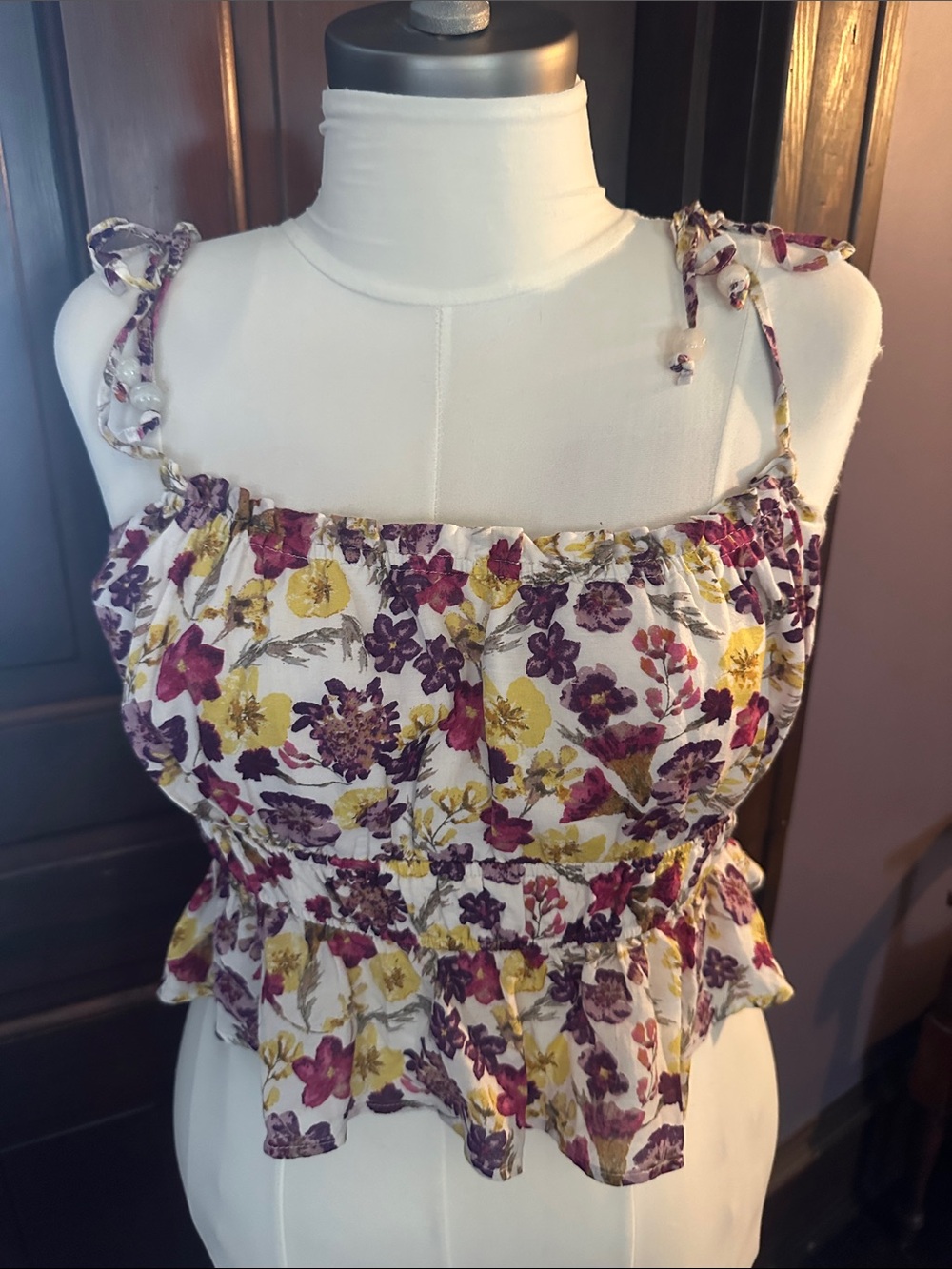 J. Crew White Floral Tie-Shoulder Peplum Crop Top with Yellow & Purple Flowers